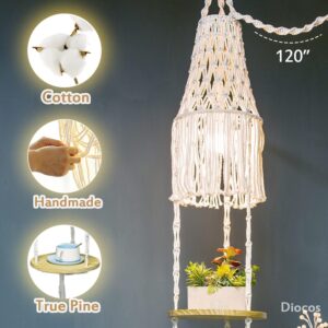 Macrame Lamp Shade and Hanging Plant Holder Shelf Indoor for Boho Bedroom Decor Plug in Pendant Light Hanging Light with Plug in Cord and Switch for Bohemian Office Corner Reading Light (Cream)