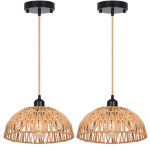 Yolsunes Rattan Pendant Light Fixtures 2 Packs, Boho Woven Basket Pendant Light, Handmade Wicker Hanging Lamp, Rattan Chandelier for Kitchen Island, Dining Room, Living Room, Bedroom, E26 Base