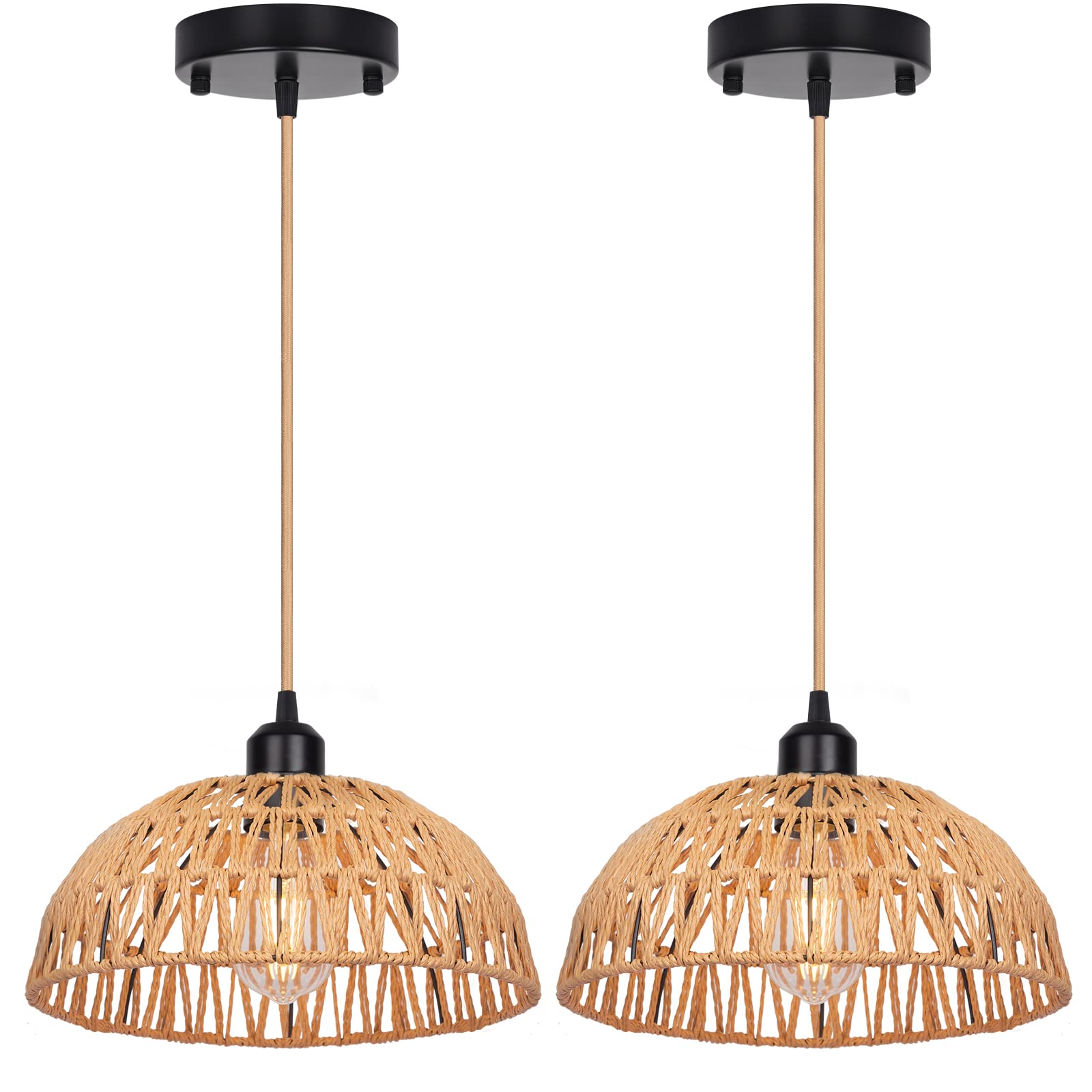 Yolsunes Rattan Pendant Light Fixtures 2 Packs, Boho Woven Basket Pendant Light, Handmade Wicker Hanging Lamp, Rattan Chandelier for Kitchen Island, Dining Room, Living Room, Bedroom, E26 Base