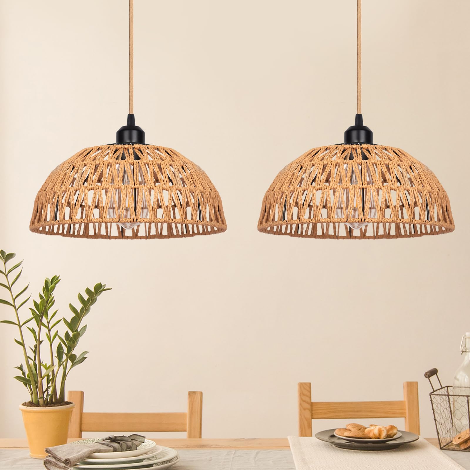 Yolsunes Rattan Pendant Light Fixtures 2 Packs, Boho Woven Basket Pendant Light, Handmade Wicker Hanging Lamp, Rattan Chandelier for Kitchen Island, Dining Room, Living Room, Bedroom, E26 Base