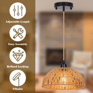 Yolsunes Rattan Pendant Light Fixtures 2 Packs, Boho Woven Basket Pendant Light, Handmade Wicker Hanging Lamp, Rattan Chandelier for Kitchen Island, Dining Room, Living Room, Bedroom, E26 Base