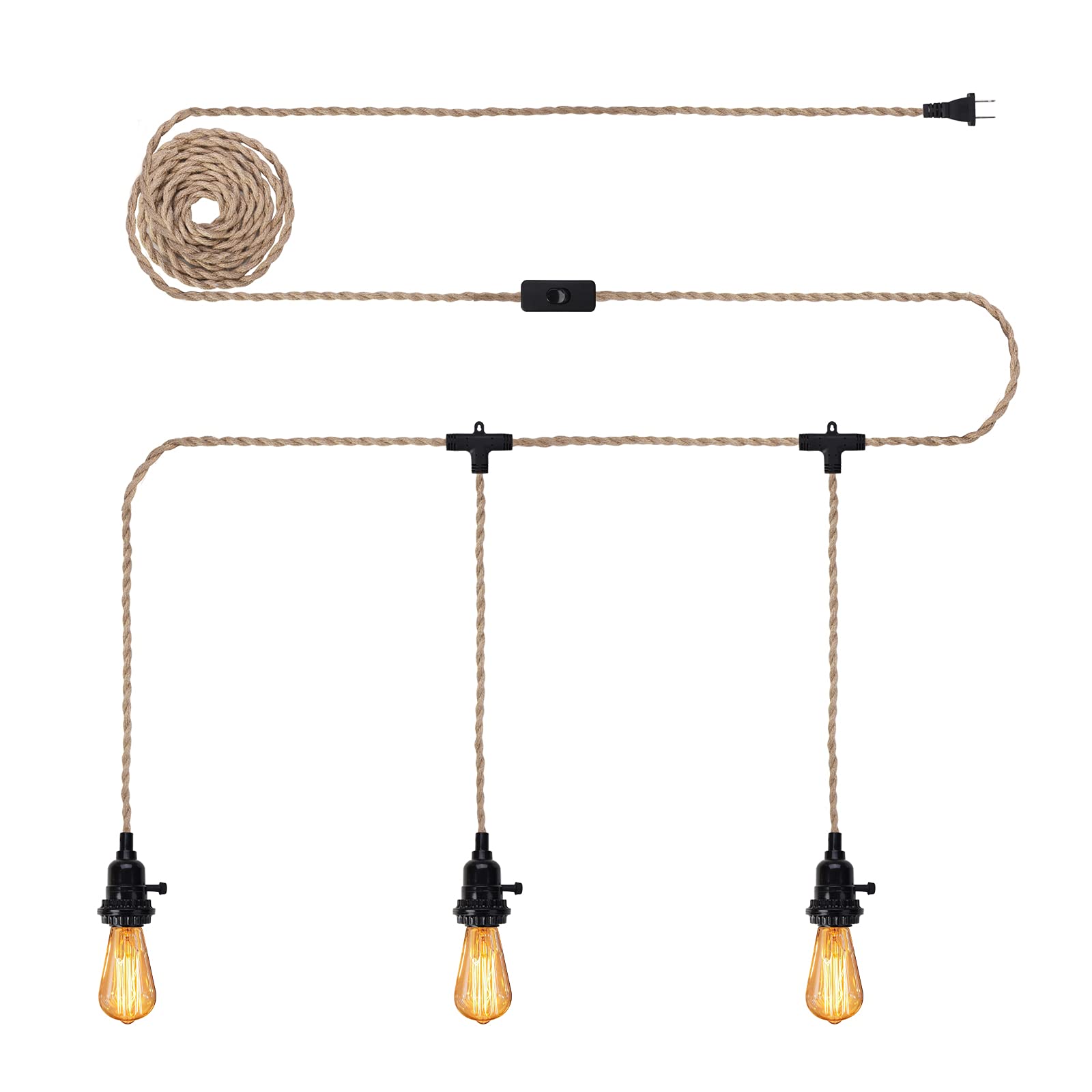 Rope Pendant Light Cord Kit with Plug & Switch - Triple Sockets, 29 FT, Vintage (Bulb not Included )
