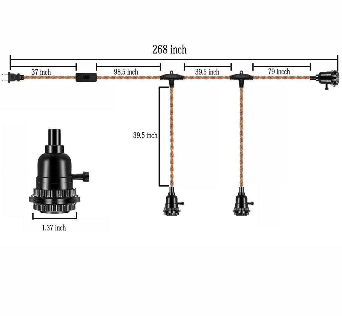 Rope Pendant Light Cord Kit with Plug & Switch - Triple Sockets, 29 FT, Vintage (Bulb not Included )