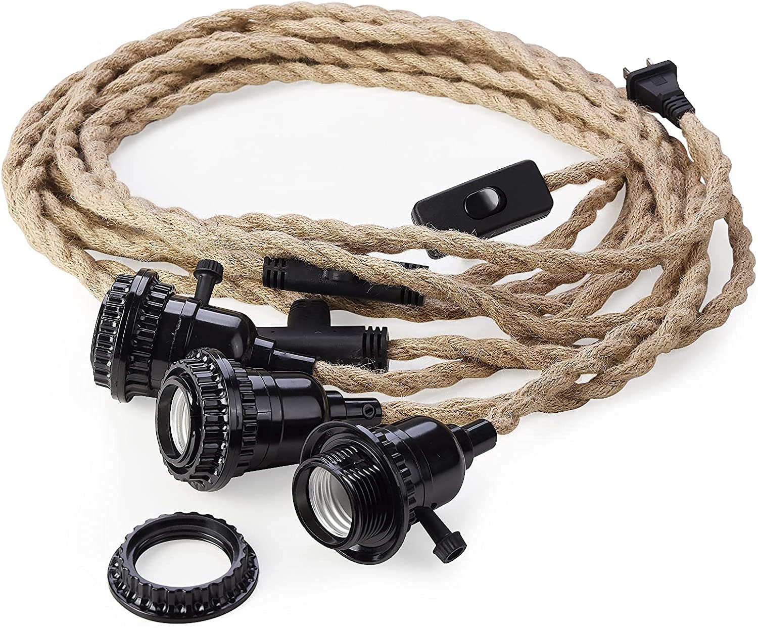 Rope Pendant Light Cord Kit with Plug & Switch - Triple Sockets, 29 FT, Vintage (Bulb not Included )