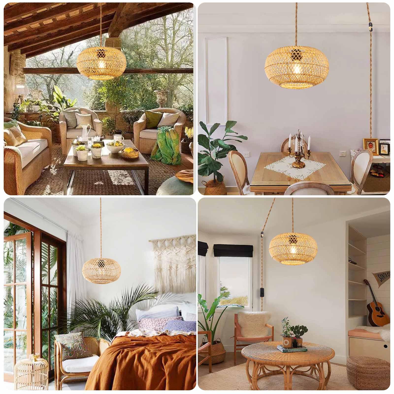 Plug in Pendant Light Rattan Hanging Lights with Plug in Cord, 15 FT Hemp Rope Cord Pendant Lamp Bamboo Lampshade, Farmhouse Industrial Boho Plug In Ceiling Light Fixture For Living Room Bedroom