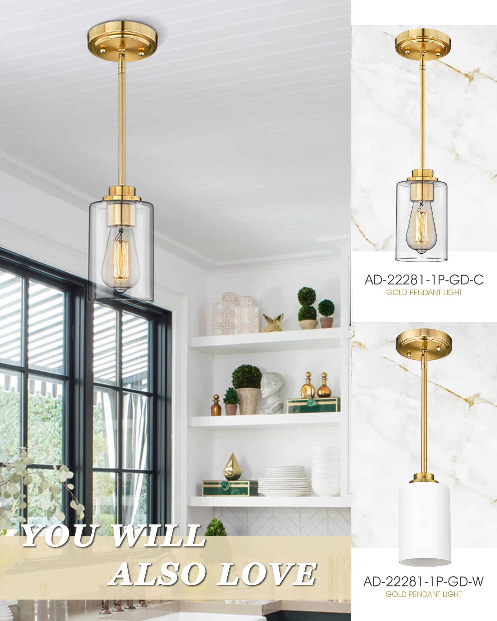 Audickic Brass Pendant Lights Kitchen Island 2 Pack, Farmhouse Gold Pendant Lighting with Clear Glass Shade, Mini Hanging Light Fixture for Kitchen Sink Dining, AD-22281-1P2-GD-C