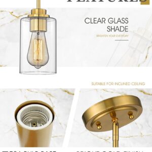 Audickic Brass Pendant Lights Kitchen Island 2 Pack, Farmhouse Gold Pendant Lighting with Clear Glass Shade, Mini Hanging Light Fixture for Kitchen Sink Dining, AD-22281-1P2-GD-C