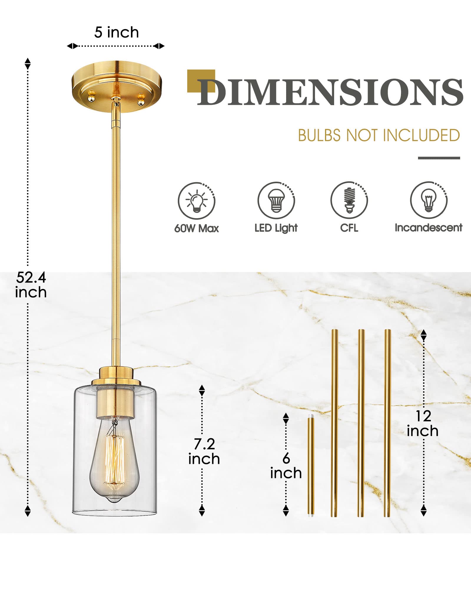 Audickic Brass Pendant Lights Kitchen Island 2 Pack, Farmhouse Gold Pendant Lighting with Clear Glass Shade, Mini Hanging Light Fixture for Kitchen Sink Dining, AD-22281-1P2-GD-C