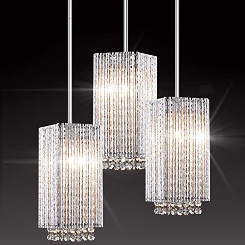 MO&OK 3 Pack Crystal Chandelier Modern Pendent Lights Adjustable Hanging Lighting with Metal Lampshade Rectangle Chandeliers for Kitchen Island Dinningroom,Entrance Living Room H9.8 xD5.2 Chrome