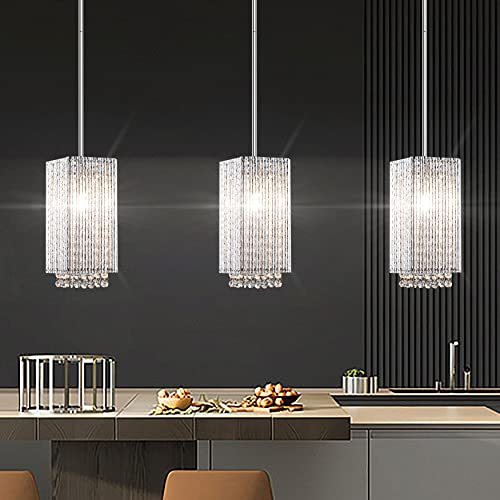 MO&OK 3 Pack Crystal Chandelier Modern Pendent Lights Adjustable Hanging Lighting with Metal Lampshade Rectangle Chandeliers for Kitchen Island Dinningroom,Entrance Living Room H9.8 xD5.2 Chrome