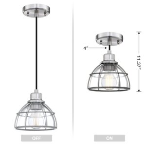 Industrial Hanging Drum Indoor Pendant Ceiling Light Kitchen Island Fixtures Brushed Nickel Finish,Metal Shade for Bar Dining Room Corridor Living Room (3 Pack, Clear Glass Pendant Light)