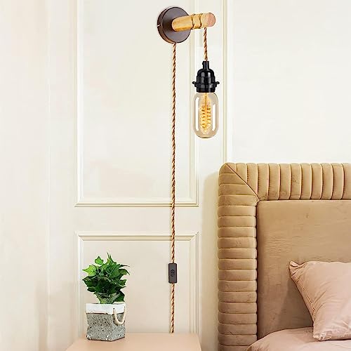 HESSION Rattan Wrapped Extension Hanging Lantern Cord, Plug-in Pendant Light with Hemp Cord - 15ft, E26/E27 Compatible Plug in Vintage Fabric Lamp Cord - Ideal for Rustic Lighting and Boho Style Decor