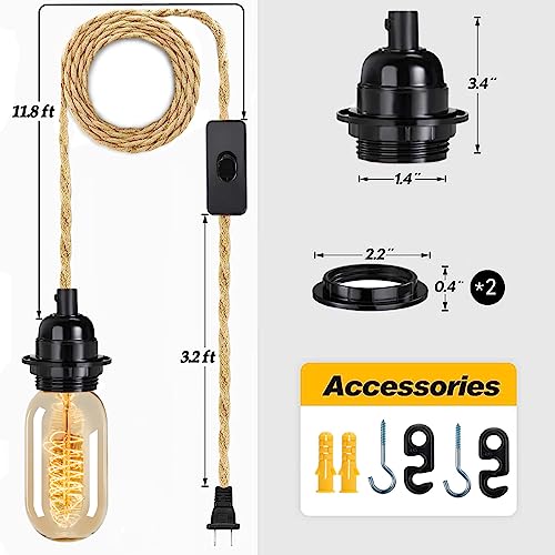 HESSION Rattan Wrapped Extension Hanging Lantern Cord, Plug-in Pendant Light with Hemp Cord - 15ft, E26/E27 Compatible Plug in Vintage Fabric Lamp Cord - Ideal for Rustic Lighting and Boho Style Decor