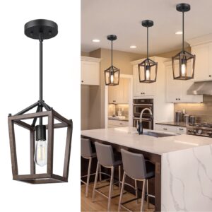 edishine pendant lights for kitchen island, 1-light farmhouse cage hanging light fixtures, rustic wood with brown finish, adjustable height pendant light for dining room, allway and foyer