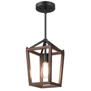 EDISHINE pendant lights for Kitchen Island, 1-Light Farmhouse Cage Hanging Light Fixtures, Rustic Wood with Brown Finish, Adjustable Height Pendant Light for Dining Room, Allway and Foyer