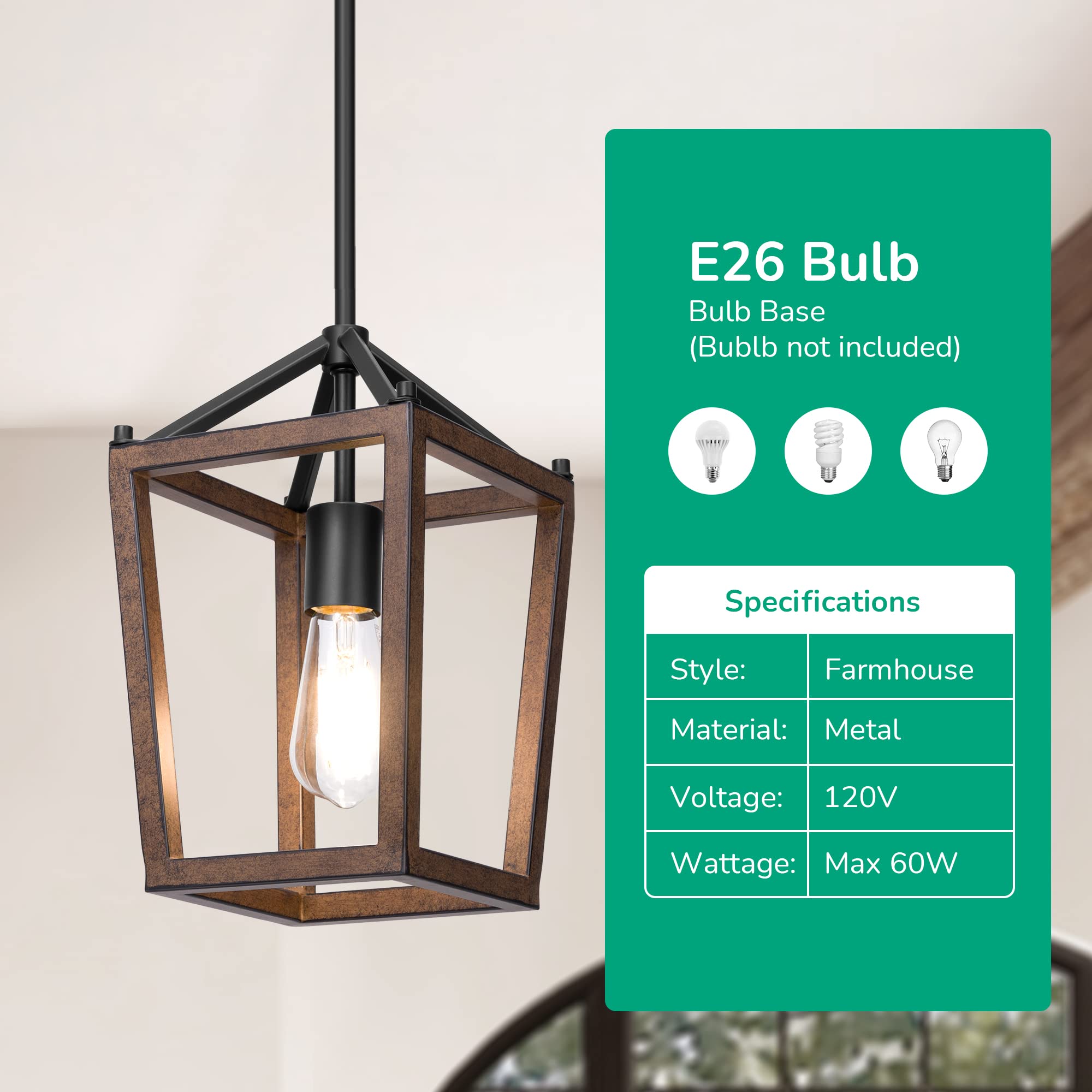 EDISHINE pendant lights for Kitchen Island, 1-Light Farmhouse Cage Hanging Light Fixtures, Rustic Wood with Brown Finish, Adjustable Height Pendant Light for Dining Room, Allway and Foyer