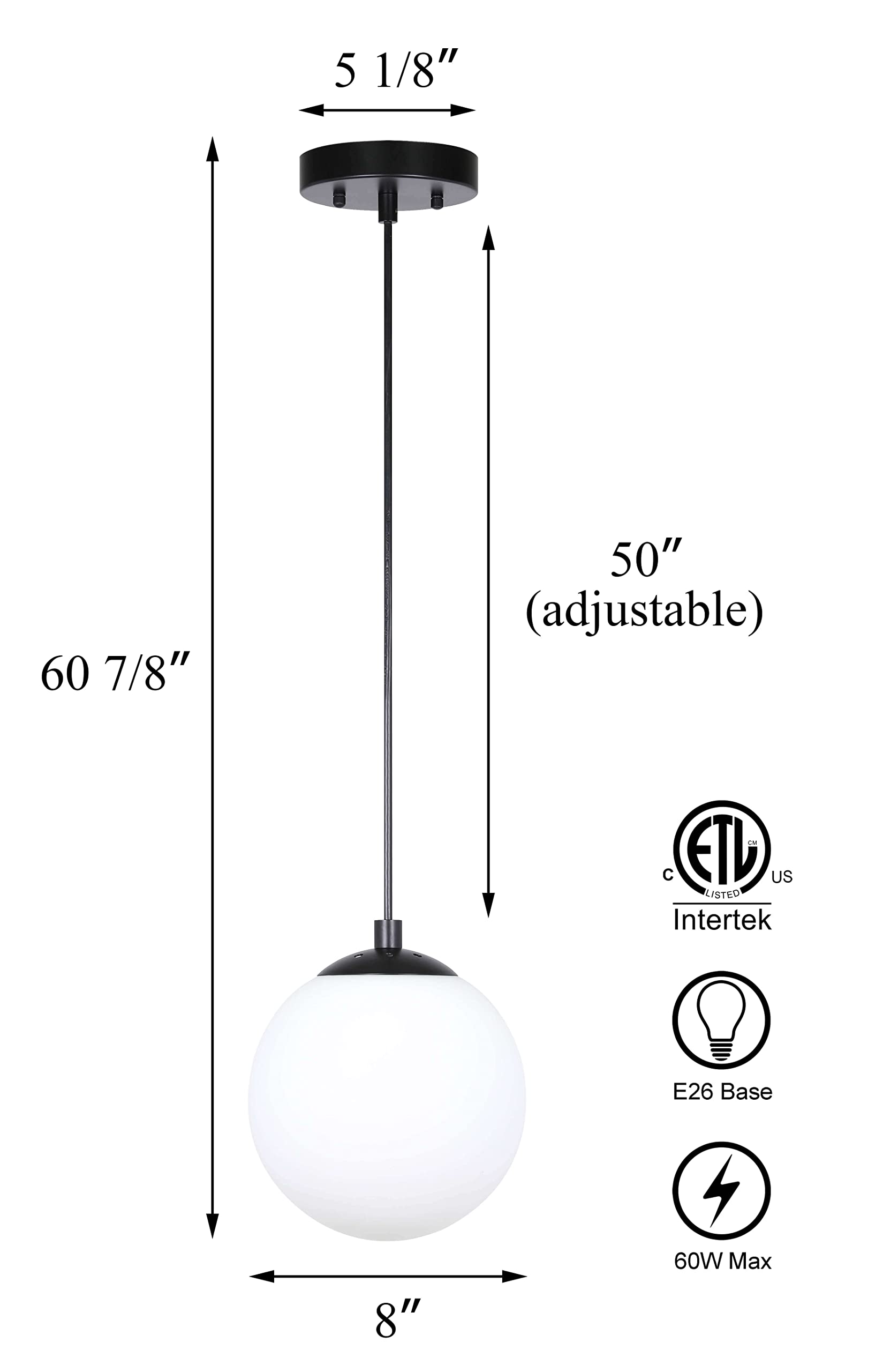 XiNBEi Lighting Pendant Lighting 1 Light Globe Pendant Light, Modern Adjustable Kitchen Hanging Ceiling Light Matte Black Finish XB-P1211-MBK