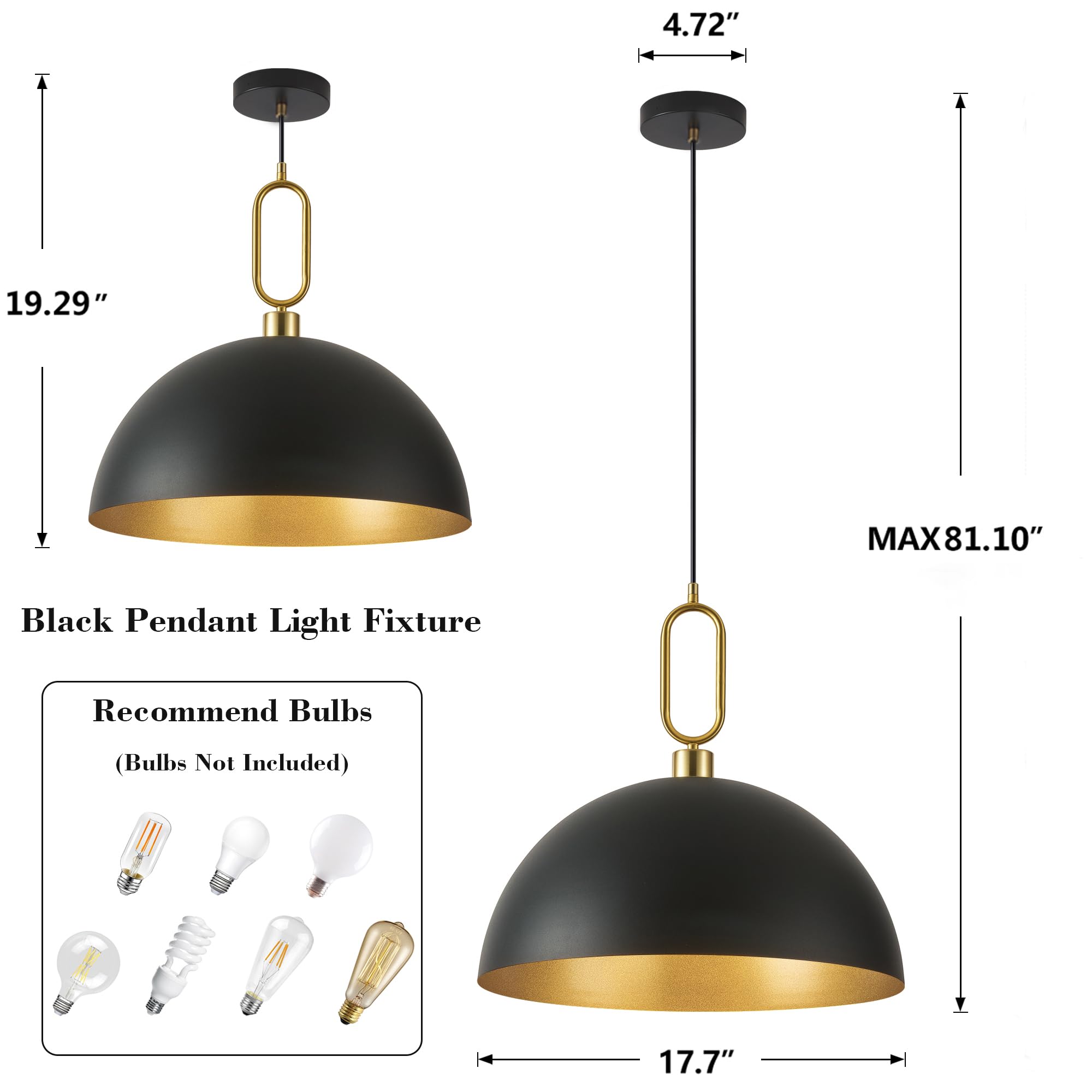 CWarmozy 17.7'' Farmhouse Vintage Pendant Lighting Black and Gold Pendant Light Fixtures Large Dome Chandelier for Kitchen Island, Hallway, Dining Room, Bedroom