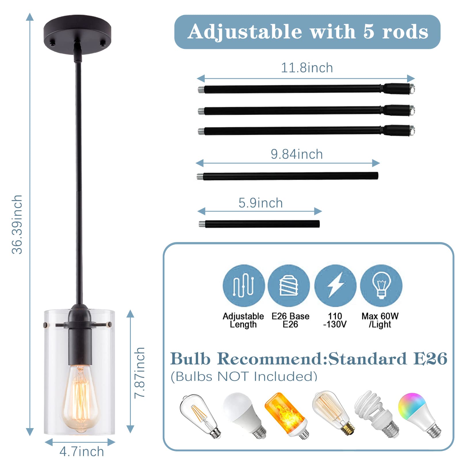 XUPUHOUSE Matte Black Pendant Lights Kitchen Island,Adjustable Hanging Pendant Light with Clear Glass Shade,Single Pendant Light Fixtures Ceiling Hanging for Living Room,Bedroom and Hallway,E26 Base