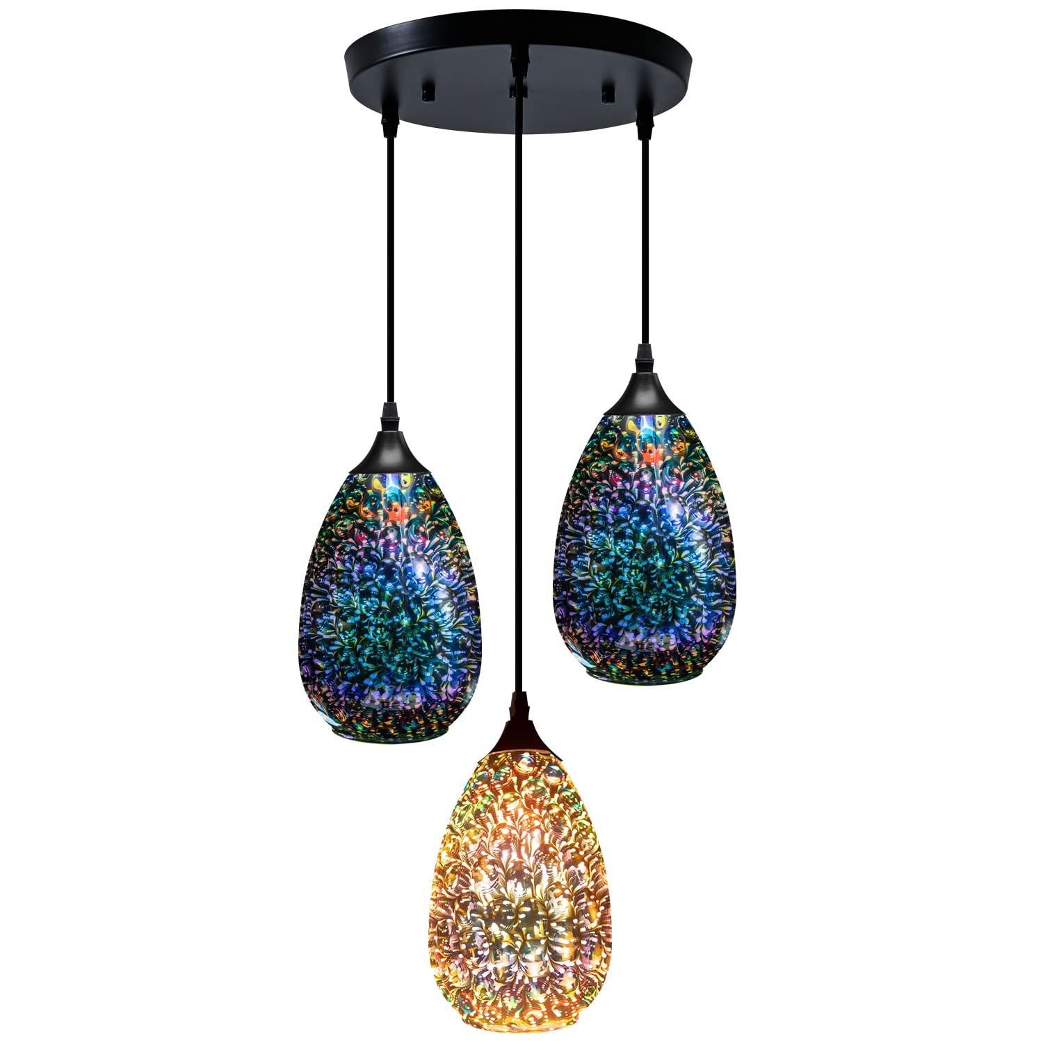 Pendant Lights for Kitchen Island, Glass Modern Hanging Ceiling Light Fixtures Dining Table Bathroom Bedroom Sink Bar, 3-Light Pendant Kitchen Lighting with Colored Shade 6 inch Diam