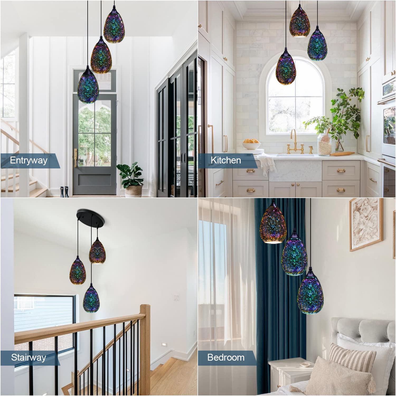 Pendant Lights for Kitchen Island, Glass Modern Hanging Ceiling Light Fixtures Dining Table Bathroom Bedroom Sink Bar, 3-Light Pendant Kitchen Lighting with Colored Shade 6 inch Diam