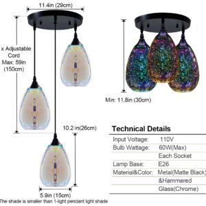 Pendant Lights for Kitchen Island, Glass Modern Hanging Ceiling Light Fixtures Dining Table Bathroom Bedroom Sink Bar, 3-Light Pendant Kitchen Lighting with Colored Shade 6 inch Diam