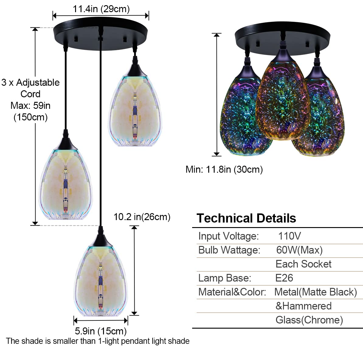 Pendant Lights for Kitchen Island, Glass Modern Hanging Ceiling Light Fixtures Dining Table Bathroom Bedroom Sink Bar, 3-Light Pendant Kitchen Lighting with Colored Shade 6 inch Diam