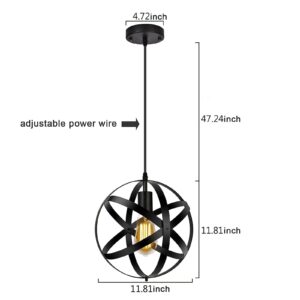 Crybeno Industrial Black Pendant Light, Vintage Spherical Pendant Light Fixtures, Metal Globe Hanging Lamp Light Fixture, Changeable Pendant Lighting for Kitchen Island Bedroom Dining Room Farmhouse