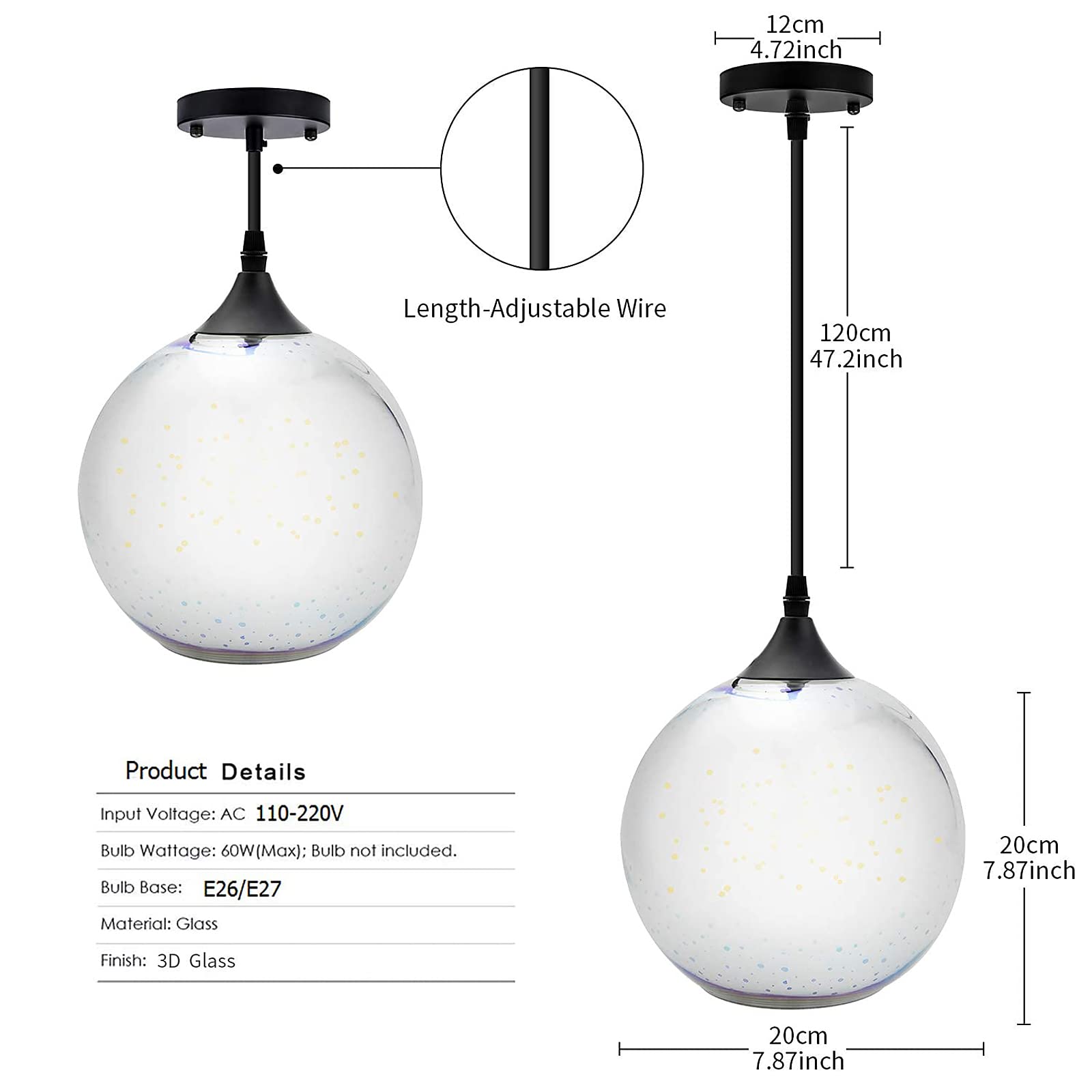 FRIDEKO HOME Industrial Modern 3D Colourfull Glass Pendant Light 7.9 inches Firework Globe Ball Style Hanging Lamp Creative Lighting Fixture for Island Kitchen Dining Room use E26 Bulb