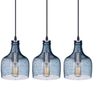 CASAMOTION Pendant Lights Kitchen Island Table Hand Blown Blue Glass Pendant Lighting Dining Room Black Marble Seeded Modern Ceiling Hanging Fixtures Brushed Nickel 8.2 Inch Height 3 Pack