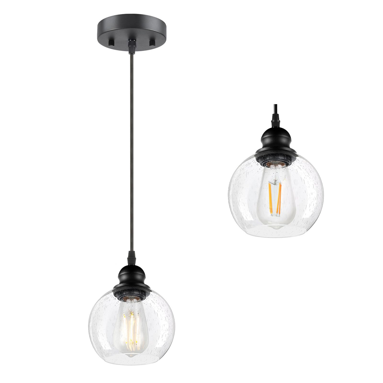 Modern Pendant Light Fixtures, Industrial Hanging Ceiling Lamp with Seeded Glass Shade, Vintage Black Pendant Lighting for Kitchen Island Living Room Hallway Bedroom Dining Hall Office Sink Farmhouse