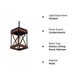 Fivess Lighting Rustic Farmhouse Pendant Light with Wood and Metal Cage, One-Light Adjustable Chains Industrial Mini Pendant Lighting Fixture for Kitchen Island Cafe Bar, Black