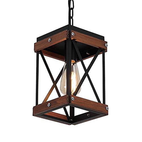 Fivess Lighting Rustic Farmhouse Pendant Light with Wood and Metal Cage, One-Light Adjustable Chains Industrial Mini Pendant Lighting Fixture for Kitchen Island Cafe Bar, Black