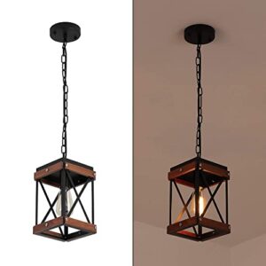 Fivess Lighting Rustic Farmhouse Pendant Light with Wood and Metal Cage, One-Light Adjustable Chains Industrial Mini Pendant Lighting Fixture for Kitchen Island Cafe Bar, Black