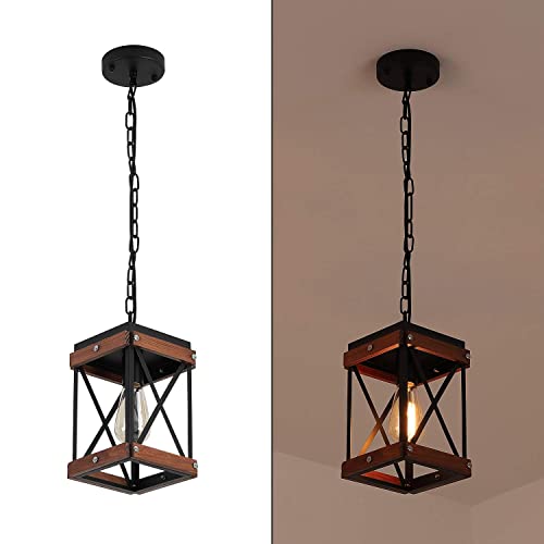 Fivess Lighting Rustic Farmhouse Pendant Light with Wood and Metal Cage, One-Light Adjustable Chains Industrial Mini Pendant Lighting Fixture for Kitchen Island Cafe Bar, Black