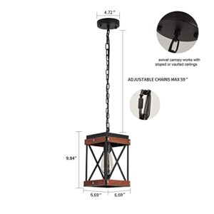 Fivess Lighting Rustic Farmhouse Pendant Light with Wood and Metal Cage, One-Light Adjustable Chains Industrial Mini Pendant Lighting Fixture for Kitchen Island Cafe Bar, Black