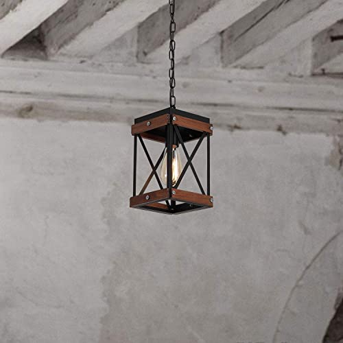 Fivess Lighting Rustic Farmhouse Pendant Light with Wood and Metal Cage, One-Light Adjustable Chains Industrial Mini Pendant Lighting Fixture for Kitchen Island Cafe Bar, Black