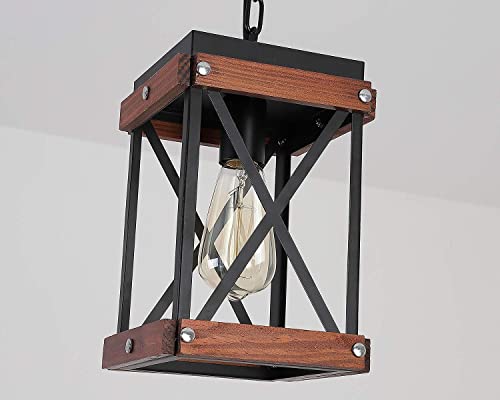 Fivess Lighting Rustic Farmhouse Pendant Light with Wood and Metal Cage, One-Light Adjustable Chains Industrial Mini Pendant Lighting Fixture for Kitchen Island Cafe Bar, Black