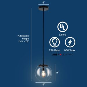 Linea di Liara Sferra Modern Large Glass Pendant Light Kitchen Island Black Pendant Lighting Clear Glass Globe Pendant Light Mid Century Hanging Light Fixture, LED Edison Bulb Included, UL Listed