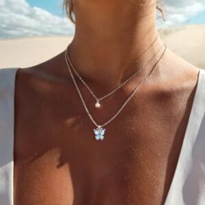 SILVERCUTE Light Blue Butterfly Pendant Necklace 925 Sterling Sterling Silver Cute Insect Animal Pendant & Chain for Women