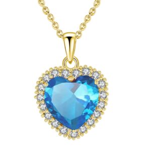 VONSSY Classic Heart Pendant Gemstone Necklace | Crystal Birthstone Necklace| 18K Platinum Gold Plated Chain | Vintage Meaningful Jewelry Gift for Mother Wife Girlfriend (Light Sapphire Blue-Gold)