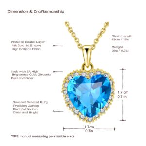 VONSSY Classic Heart Pendant Gemstone Necklace | Crystal Birthstone Necklace| 18K Platinum Gold Plated Chain | Vintage Meaningful Jewelry Gift for Mother Wife Girlfriend (Light Sapphire Blue-Gold)