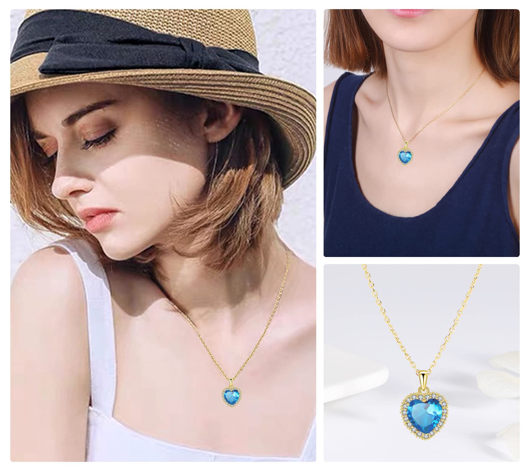 VONSSY Classic Heart Pendant Gemstone Necklace | Crystal Birthstone Necklace| 18K Platinum Gold Plated Chain | Vintage Meaningful Jewelry Gift for Mother Wife Girlfriend (Light Sapphire Blue-Gold)