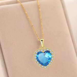 VONSSY Classic Heart Pendant Gemstone Necklace | Crystal Birthstone Necklace| 18K Platinum Gold Plated Chain | Vintage Meaningful Jewelry Gift for Mother Wife Girlfriend (Light Sapphire Blue-Gold)