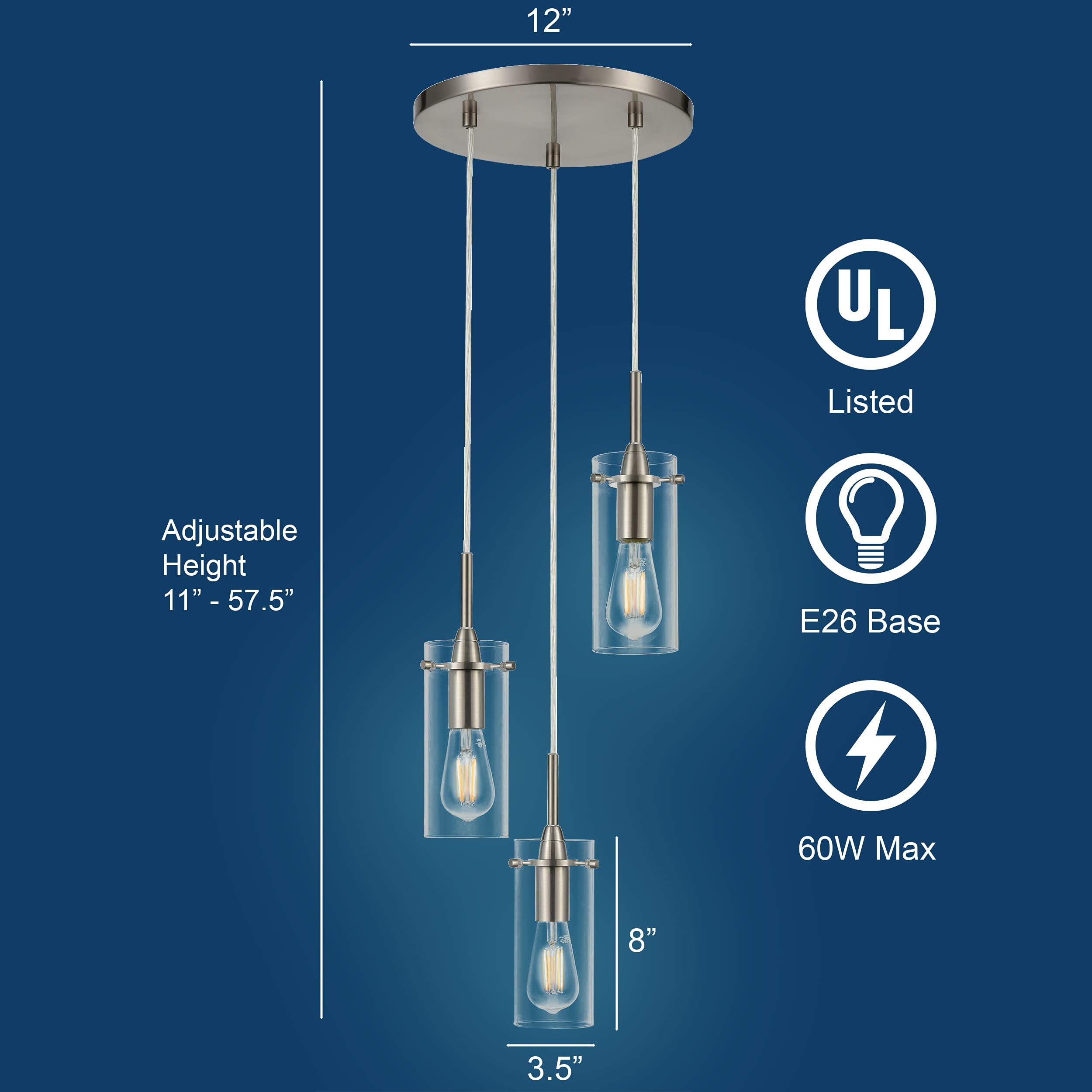 Linea di Liara Effimero 3-Light Cluster Pendant Lights Stairwell Lighting Small Chandelier Brushed Nickel Modern Chandelier Light Fixture Foyer Chandeliers Entryway High Ceiling Staircase Lights