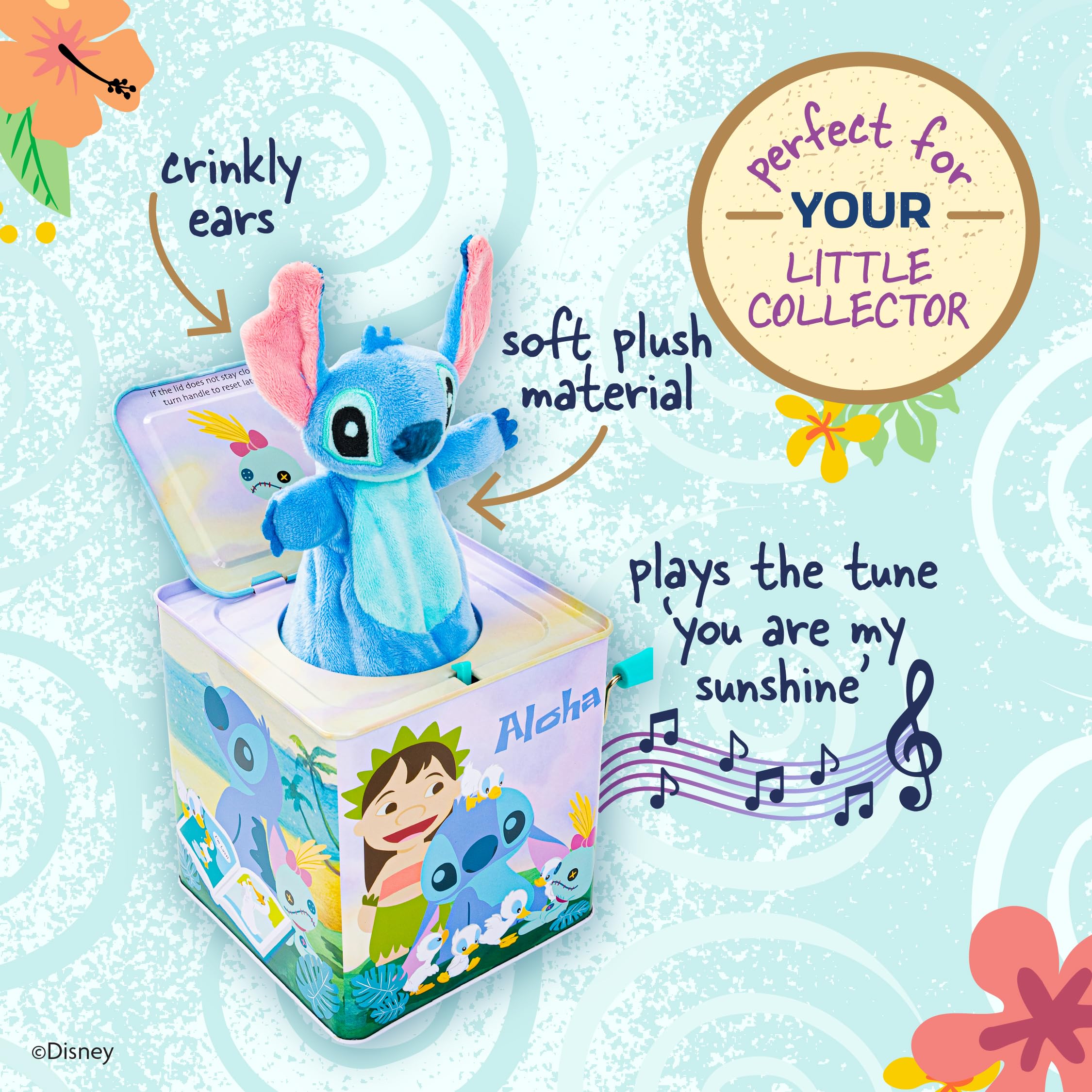 KIDS PREFERRED Disney Baby Lilo and Stitch Classic Jack in The Box Musical Toys for Babies and Toddlers, Pop Goes Stitch from A Colorful Box, 5 Inches