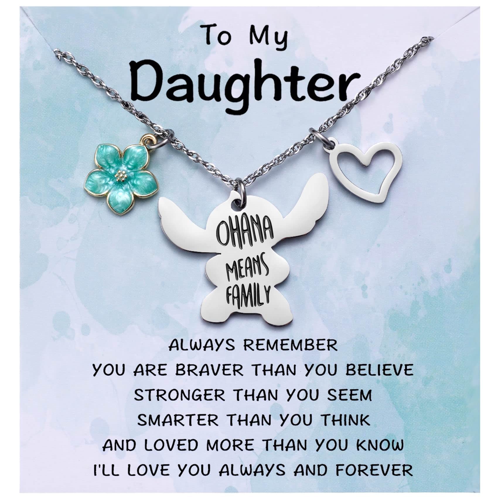 To My Young Daughter Stitch Gift Ohana Means Family Necklace&Message Card for Little Lilo Stitch Lover Daughter from Mom Dad, Stitch Jewelry Birthday Graduation Christmas Gifts for Teen Girls