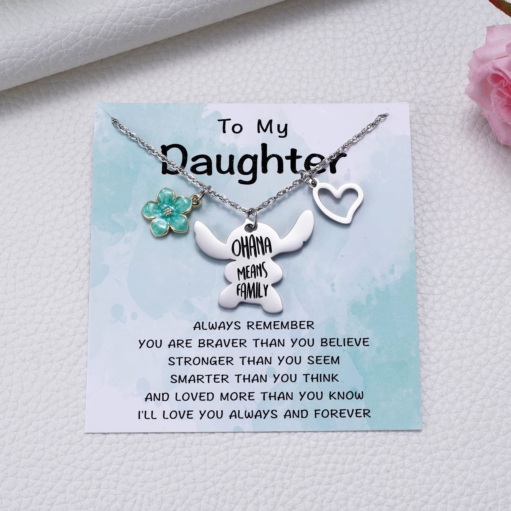 To My Young Daughter Stitch Gift Ohana Means Family Necklace&Message Card for Little Lilo Stitch Lover Daughter from Mom Dad, Stitch Jewelry Birthday Graduation Christmas Gifts for Teen Girls