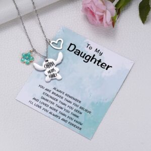 To My Young Daughter Stitch Gift Ohana Means Family Necklace&Message Card for Little Lilo Stitch Lover Daughter from Mom Dad, Stitch Jewelry Birthday Graduation Christmas Gifts for Teen Girls