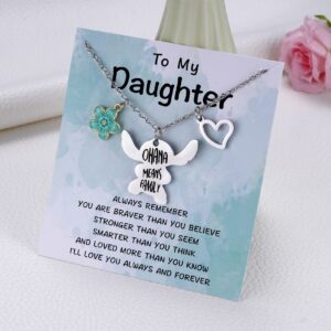 To My Young Daughter Stitch Gift Ohana Means Family Necklace&Message Card for Little Lilo Stitch Lover Daughter from Mom Dad, Stitch Jewelry Birthday Graduation Christmas Gifts for Teen Girls